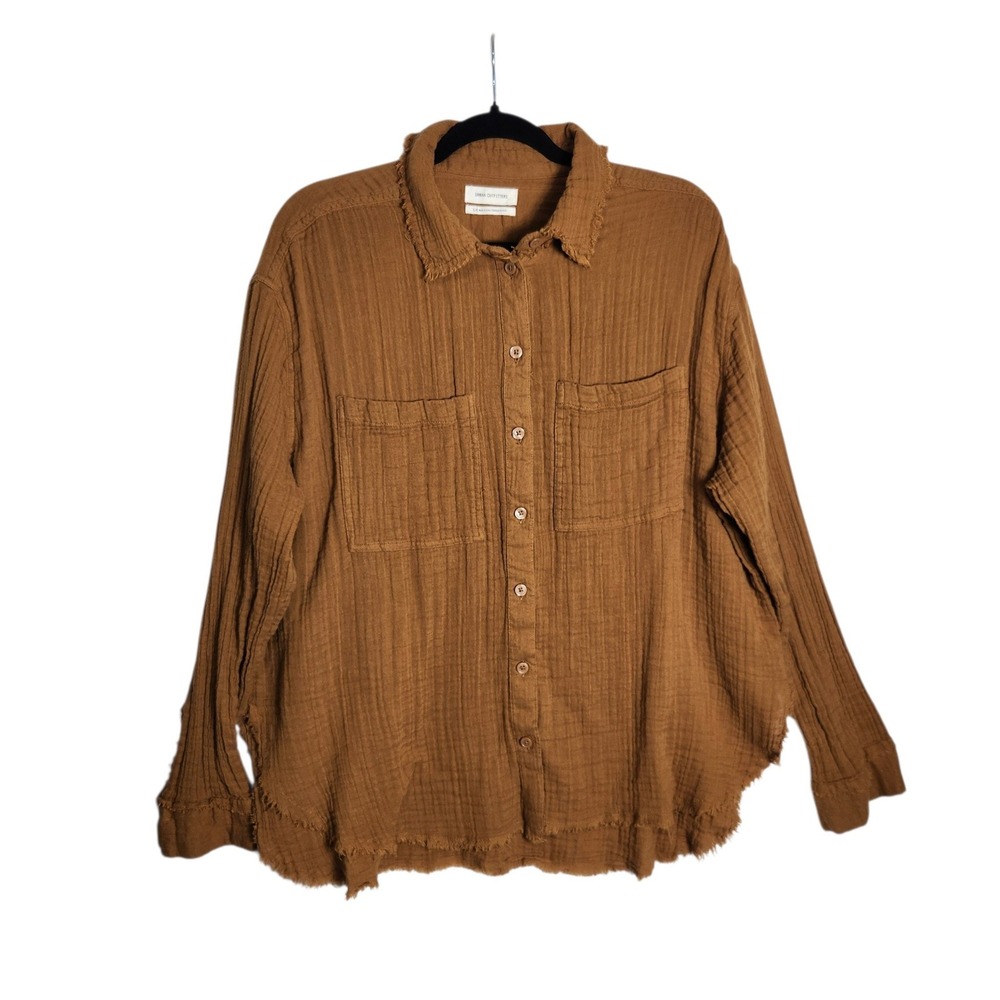 Urban Outfitters Brown Gauze Frayed Hem Button Down Shirt Large